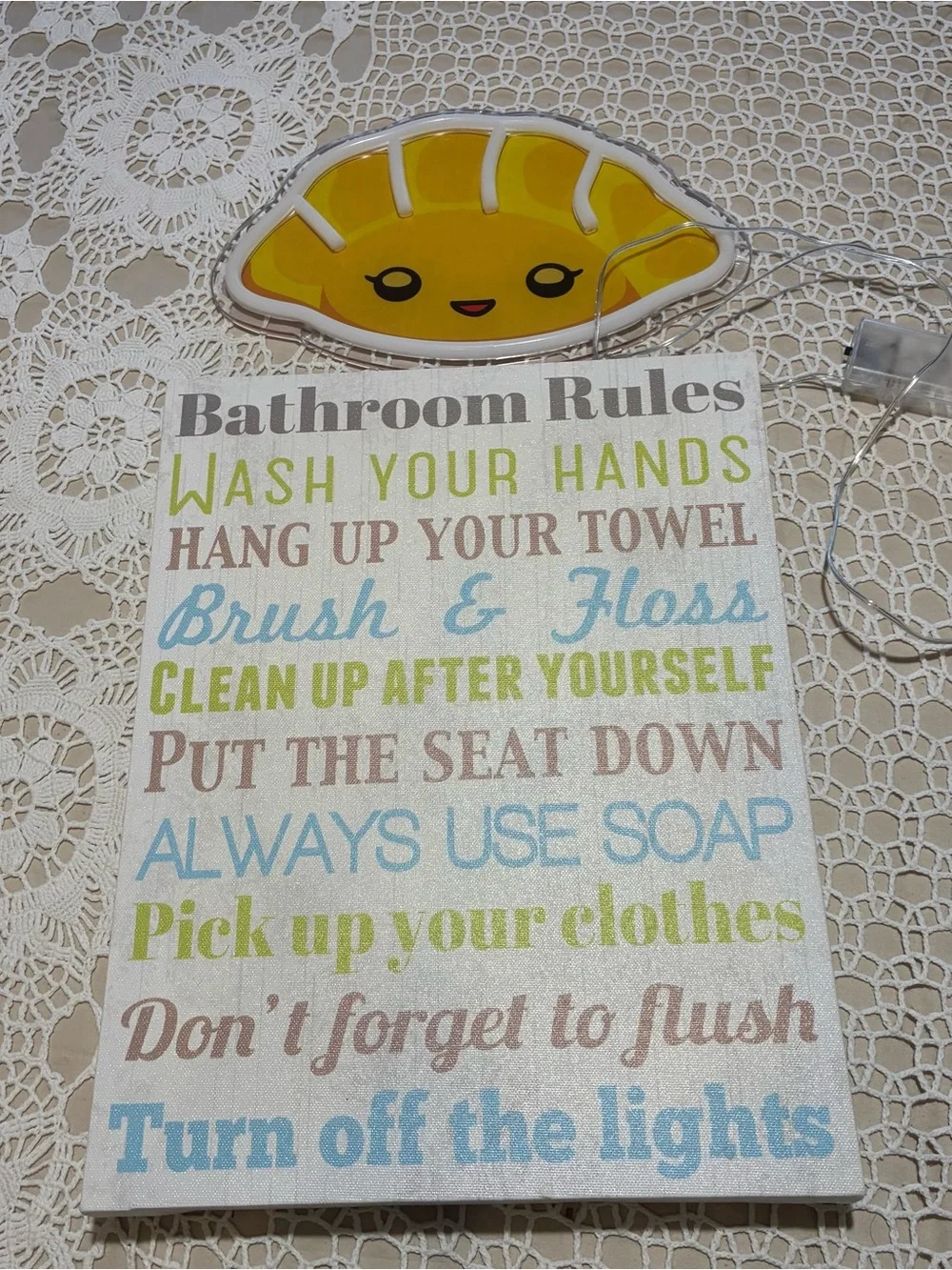 Bathroom Rules Wall Art - Yellow & Blue Text